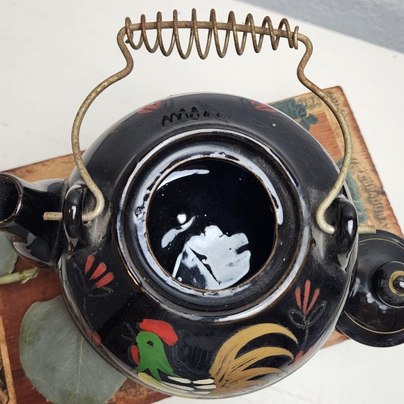 Vintage Clay Black Painted Teapot, Metal Coil Handle, Spry Painted Rooster - Picture 5 of 8